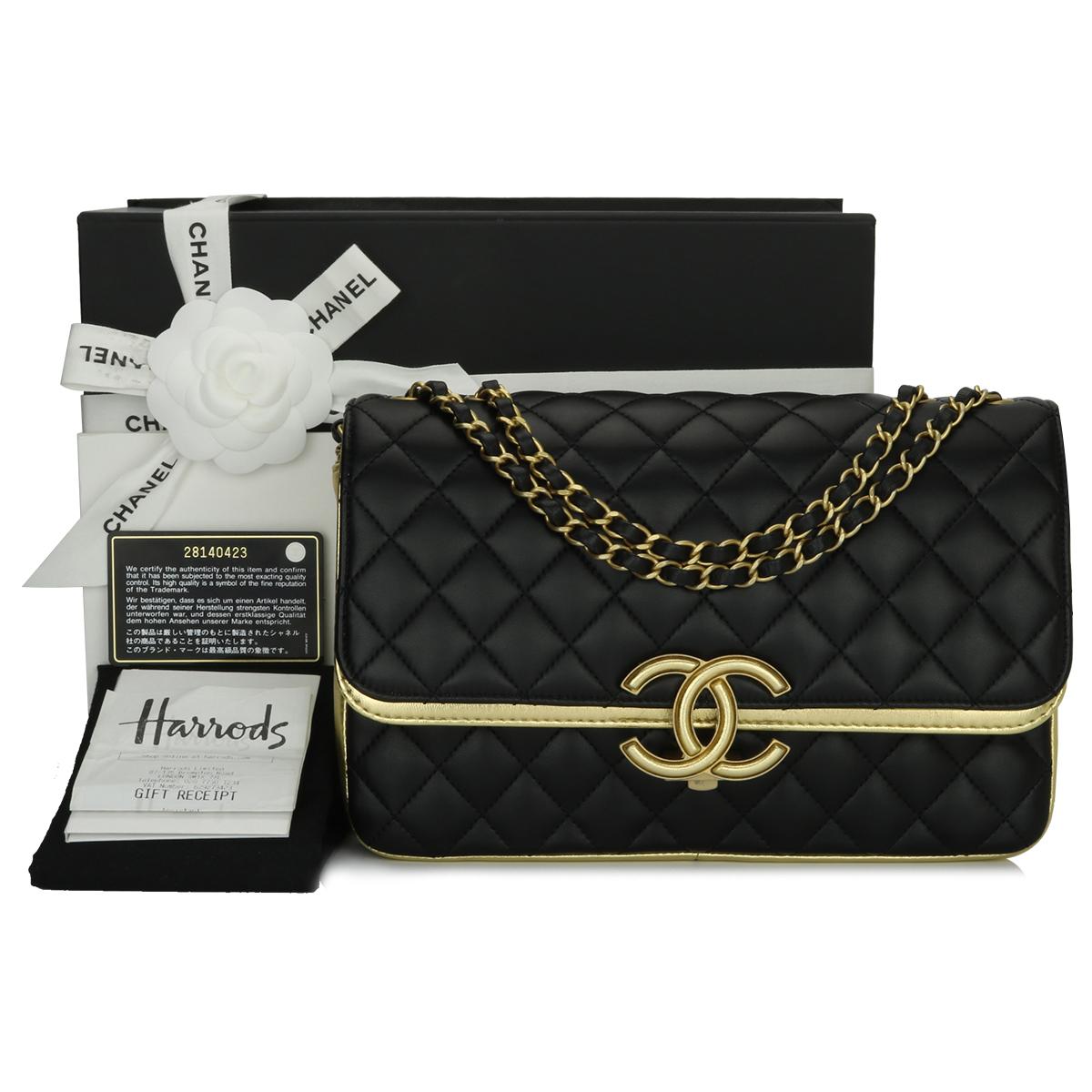 Authentic CHANEL CC Chic Flap Bag Black and Gold Lambskin with Brushed Gold Hardware 2019.

This stunning bag is in mint condition, the bag still holds its original shape, and the hardware is still very shiny.

Exterior Condition: Mint condition,