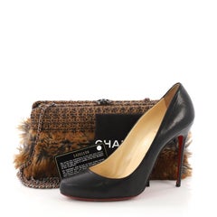 Chanel CC Clasp Frame Clutch Fur and Tweed Small