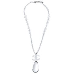 Chanel CC Clear Resin Crystal Silver Tone Chunky Long Beaded Necklace