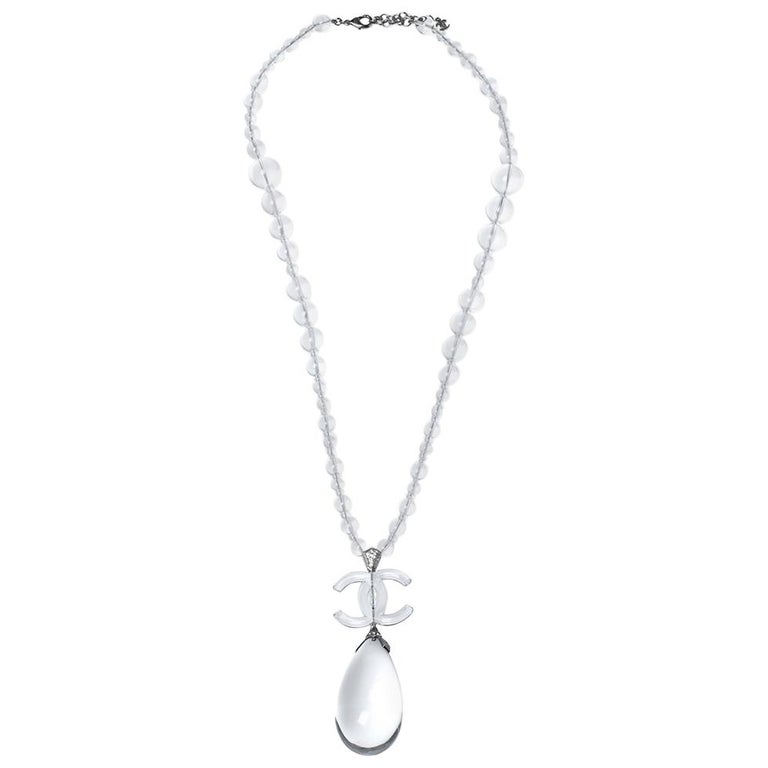 Chanel Silver CC Petrified Wood CC Dangle Pendant Necklace