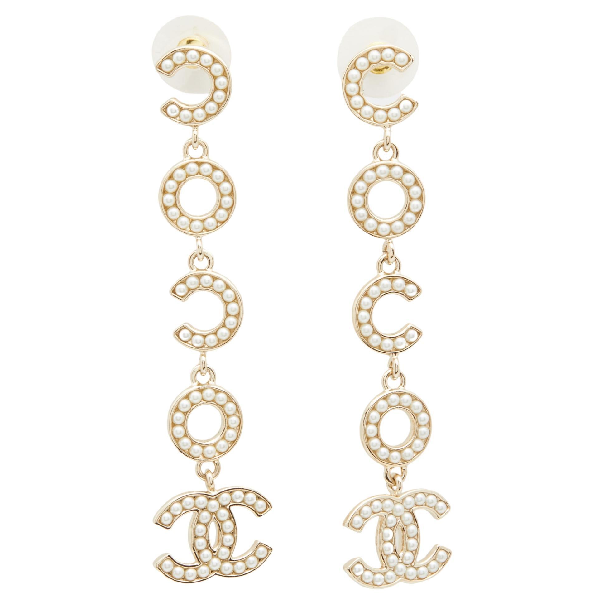 Chanel CC Coco Motif Faux Pearl Gold Tone Long Earrings at 1stDibs