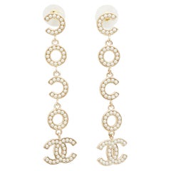 Chanel CC Coco Motif Faux Pearl Gold Tone Long Earrings