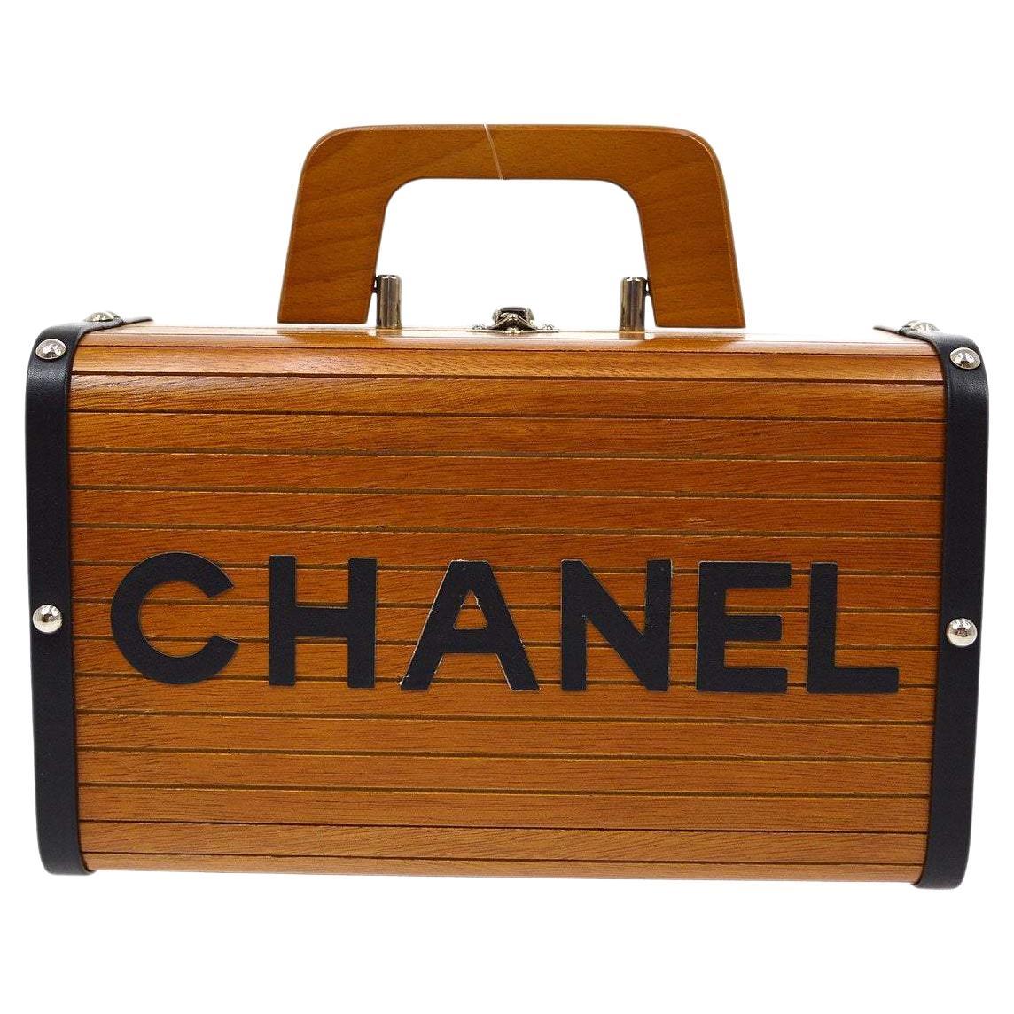 CHANEL CC Cognac Brown Black Wood Logo Hardware Top Handle Carryall Novelty Bag