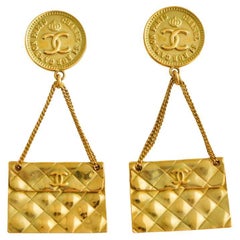 Vintage Chanel CC Coin Quilted Flap Bag Drop Earrings