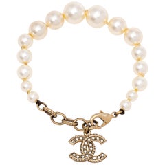 Chanel CC Cream Faux Pearl & Crystal Gold Tone Bracelet