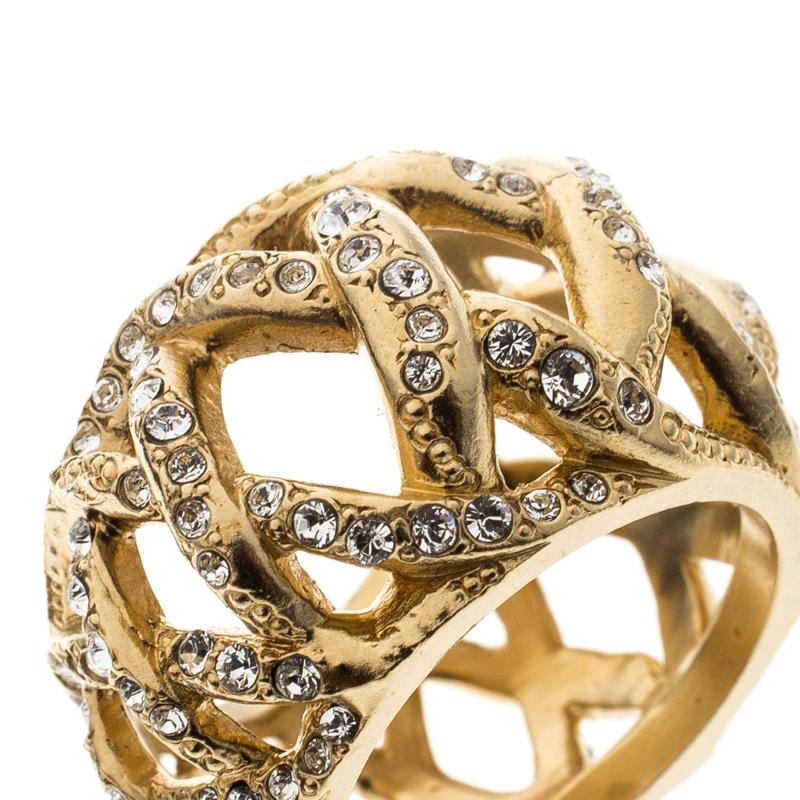 Contemporary Chanel CC Criss Cross Crystal Gold Tone Band Ring Size 54