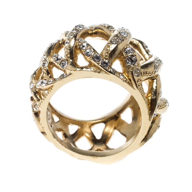 Chanel CC Criss Cross Crystal Gold Tone Band Ring Size 54 In Good Condition In Dubai, Al Qouz 2
