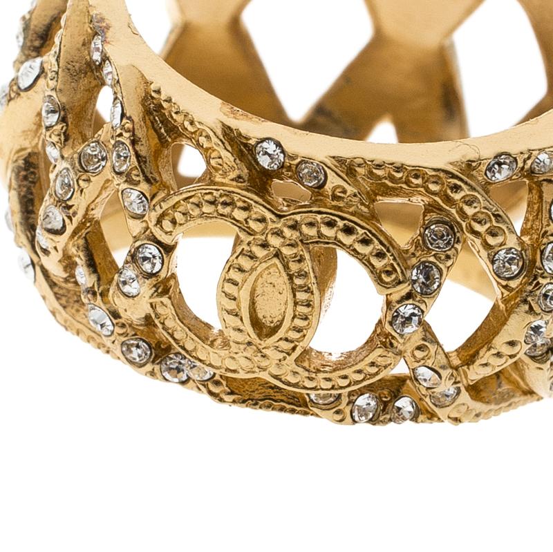 Chanel CC Criss Cross Crystal Gold Tone Band Ring Size 54 1