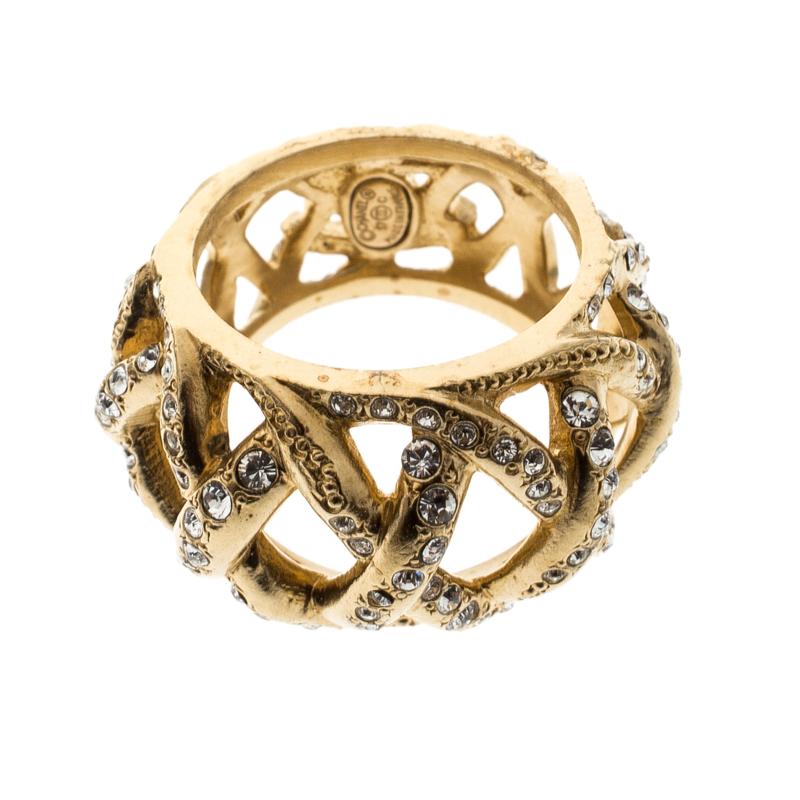 Women's Chanel CC Criss Cross Crystal Gold Tone Band Ring Size 55