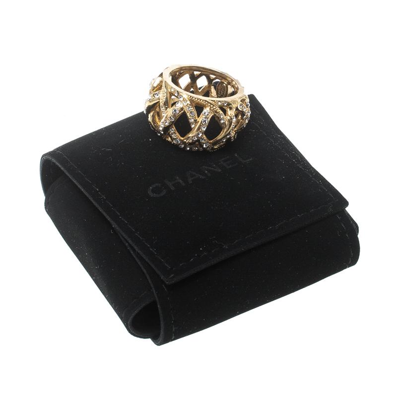 Chanel CC Criss Cross Crystal Gold Tone Band Ring Size 55 2