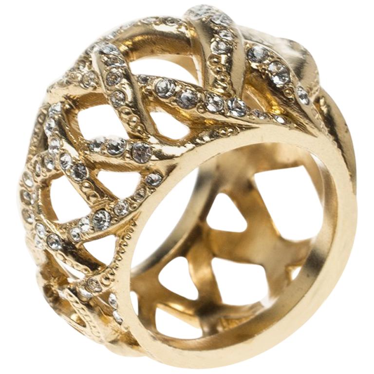 Chanel CC Criss Cross Crystal Gold Tone Band Ring Size 55