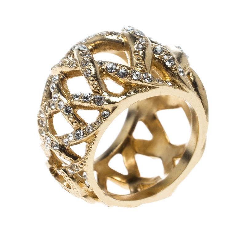 Chanel CC Criss Cross Crystal Gold Tone Band Ring Size 55