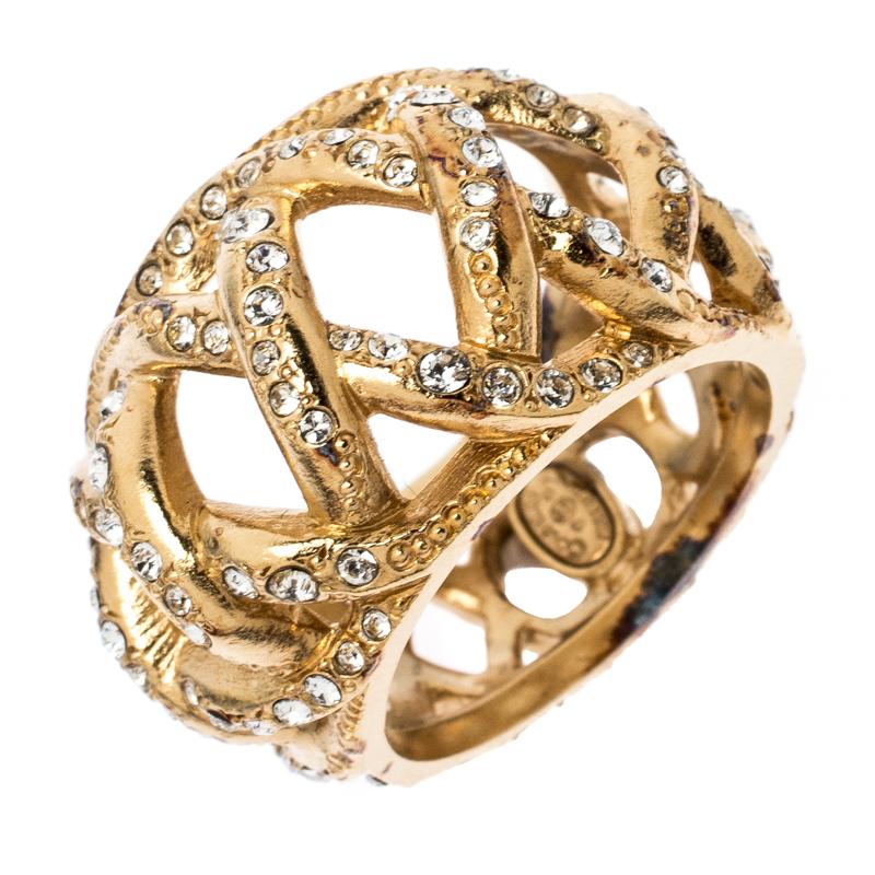 Chanel CC Criss Cross Crystal Gold Tone Band Ring Size 56 (Zeitgenössisch)