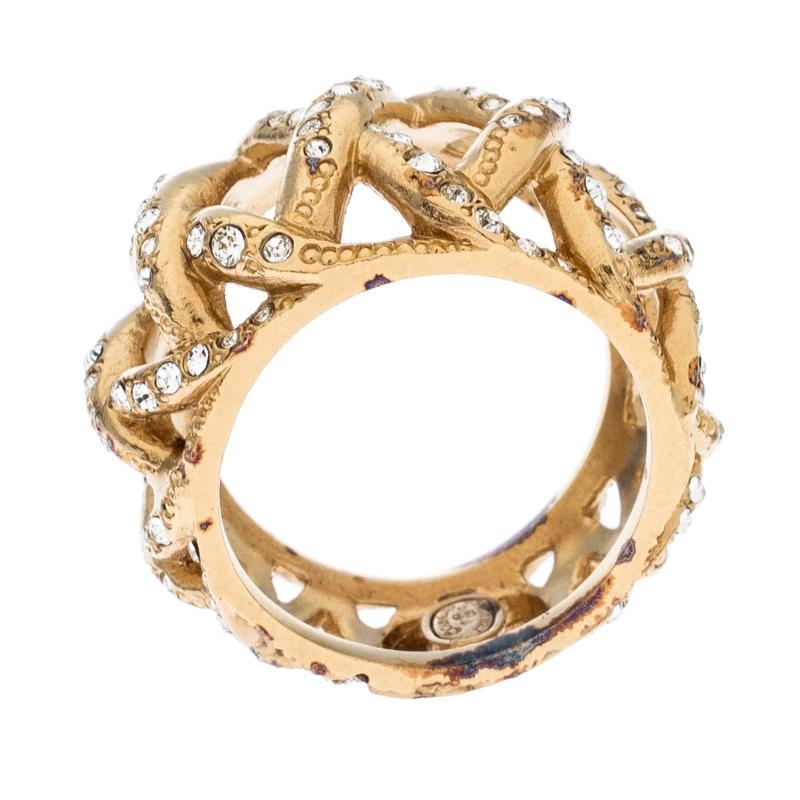 Chanel CC Criss Cross Crystal Gold Tone Band Ring Size 56 im Zustand „Gut“ in Dubai, Al Qouz 2