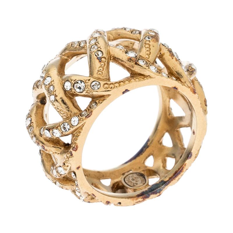Chanel CC Criss Cross Crystal Gold Tone Band Ring Size 56