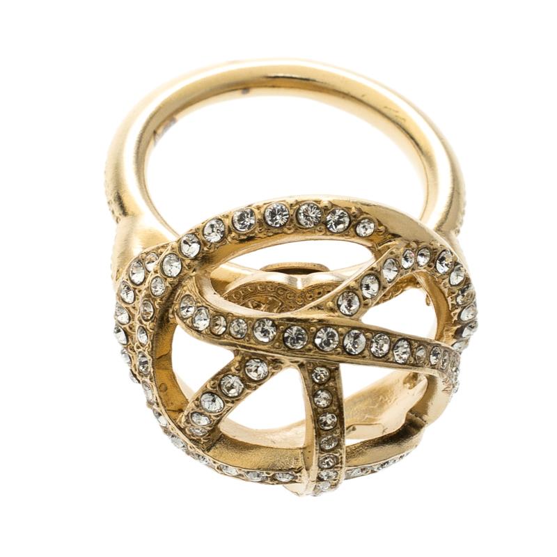 Women's Chanel CC Criss Cross Crystal Gold Tone Dome Cocktail Ring Size 51