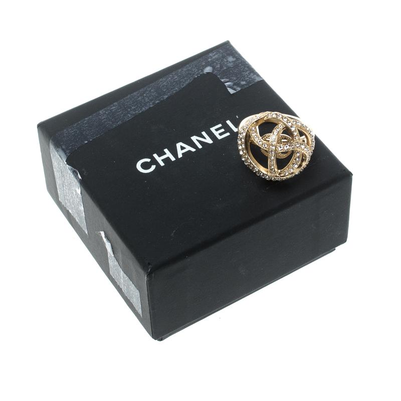 Chanel CC Criss Cross Crystal Gold Tone Dome Cocktail Ring Size 51 2