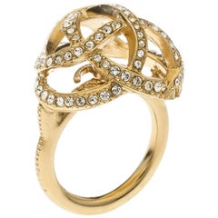 Chanel CC Criss Cross Crystal Gold Tone Dome Cocktail Ring Size 51