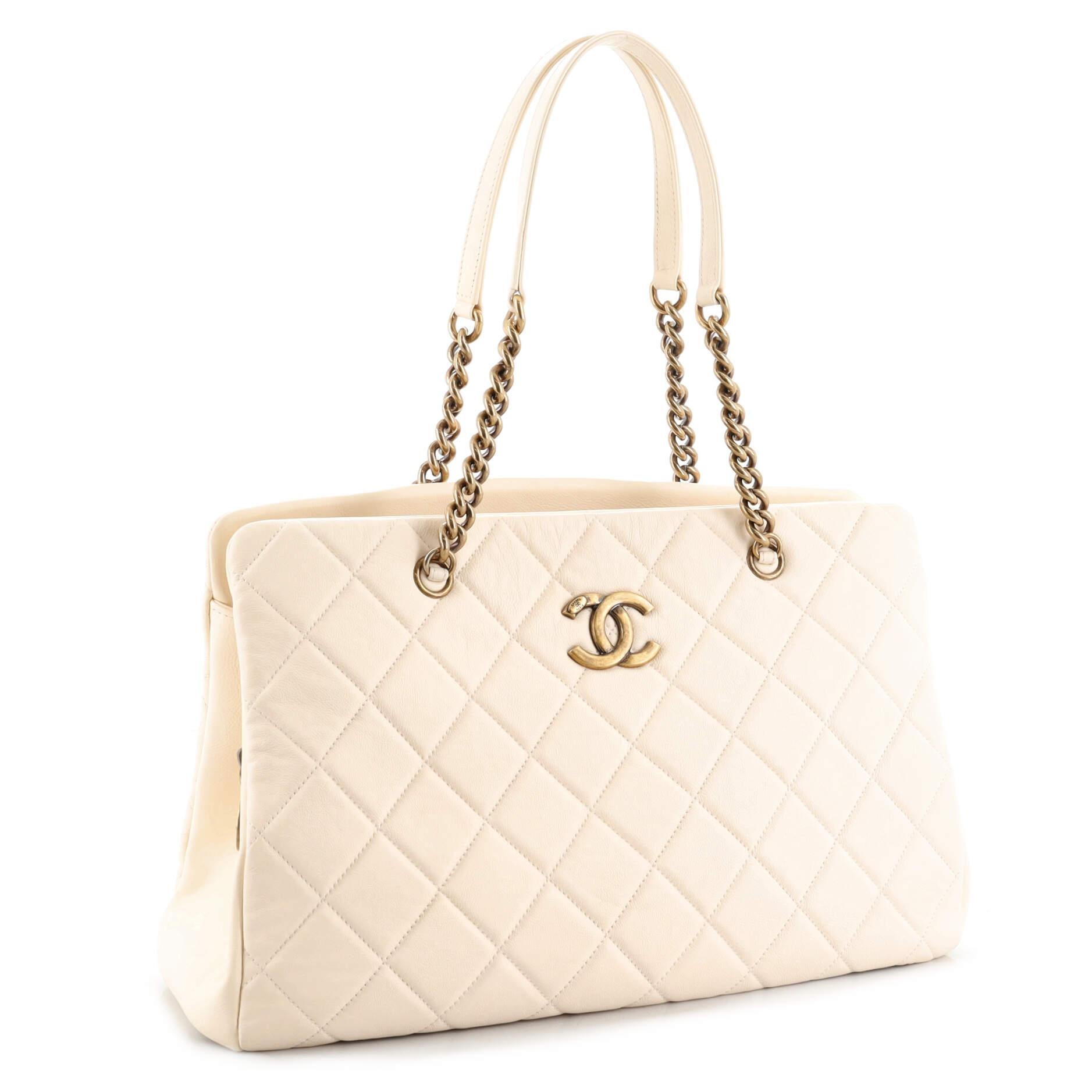 White Chanel CC Crown Tote Quilted Leather Large