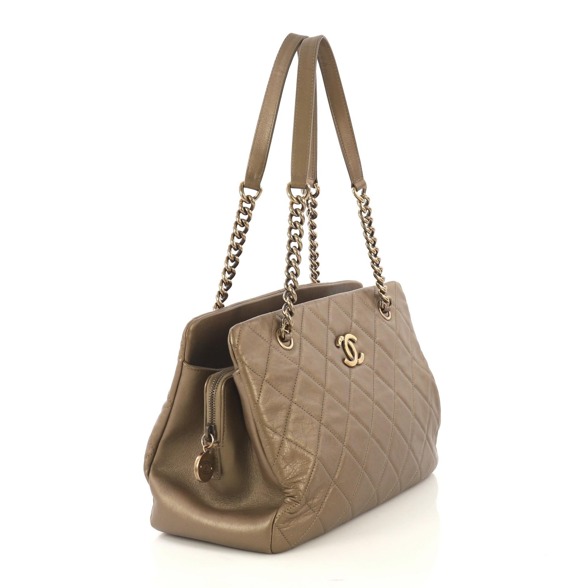 Brown Chanel CC Crown Tote Quilted Leather Medium