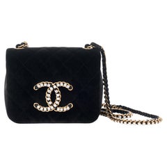 Chanel CC Crystal Black Velvet Gold Small Mini Evening Shoulder Flap Bag