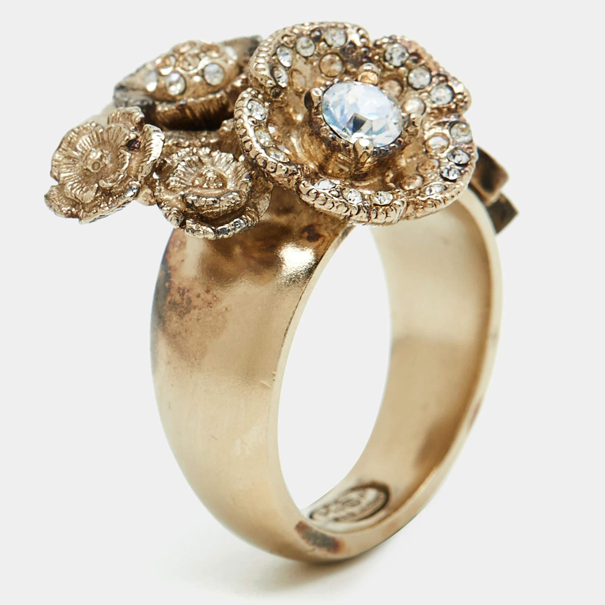 Chanel CC Kristall Kamelie Cluster Gold Tone Ring Größe 52 Damen im Angebot