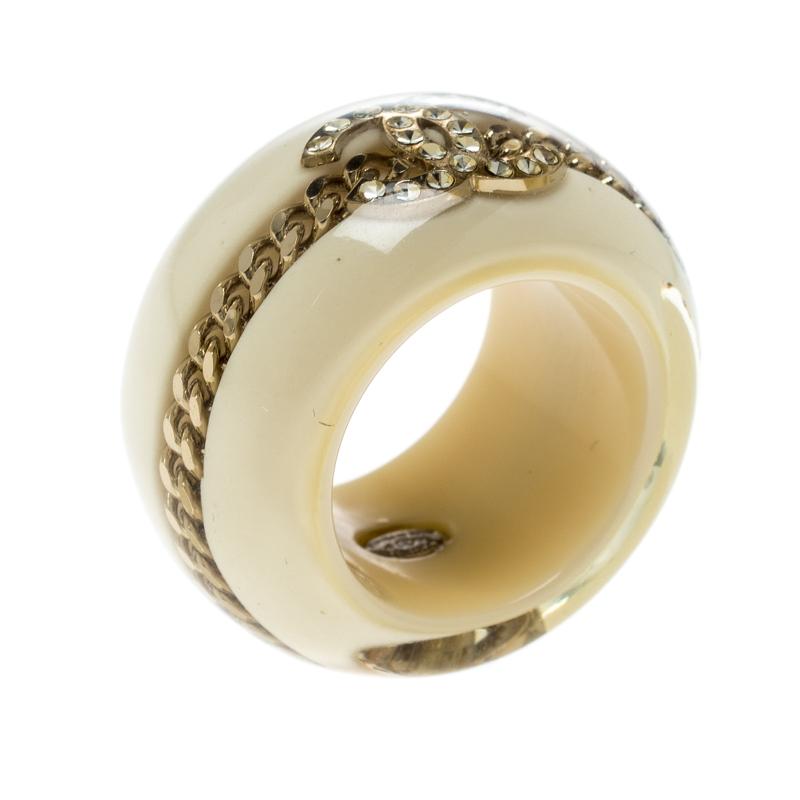 Contemporary Chanel CC Crystal Chain Embellished Cream Resin Wide Band Ring Size 53