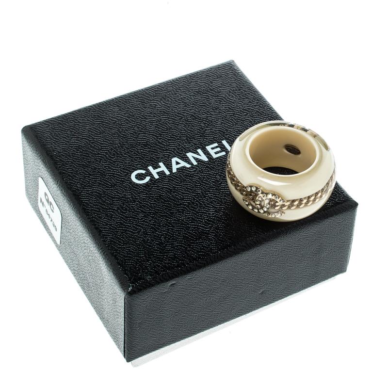 Chanel CC Crystal Chain Embellished Cream Resin Wide Band Ring Size 53 2