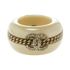 Chanel CC Crystal Chain Embellished Cream Resin Wide Band Ring Size 53