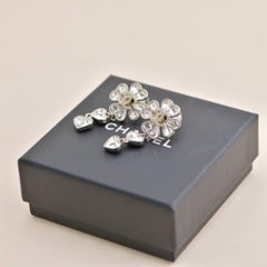 Chanel CC Crystal Clover Heart Drop Earrings Silver