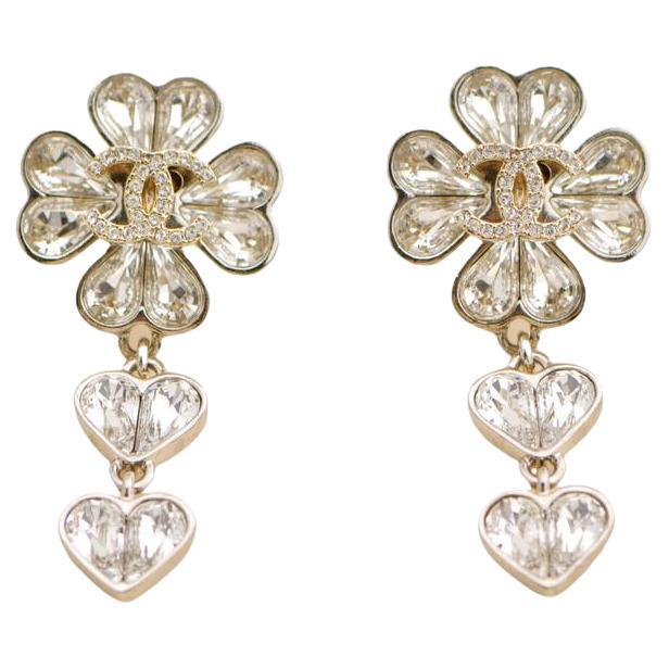 Chanel CC Crystal Clover Heart Drop Earrings Silver For Sale
