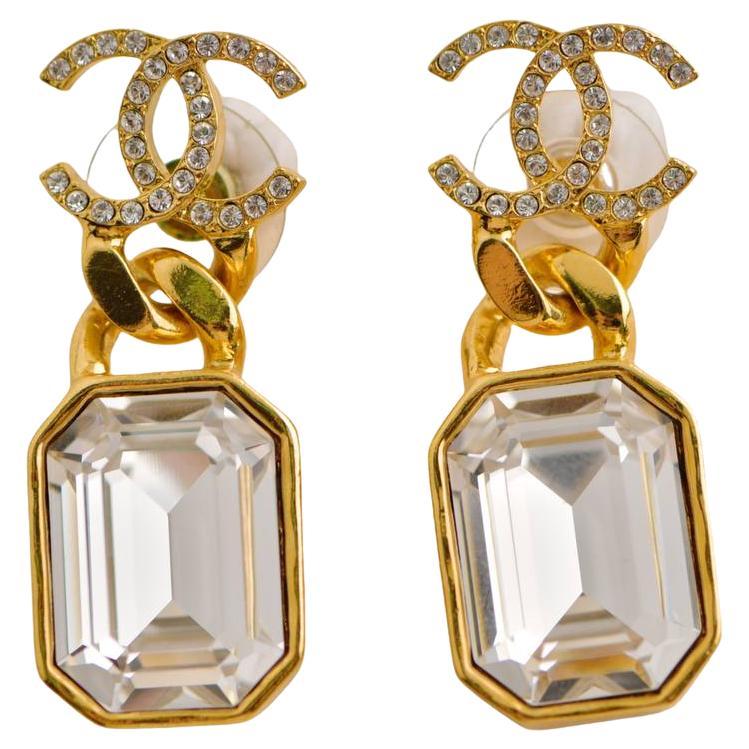 Chanel CC Crystal Drop Pendant Earrings For Sale