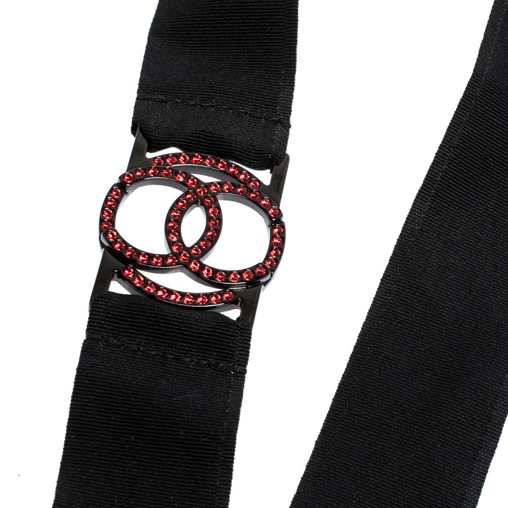 Women's Chanel CC Crystal Embellished Black Ribbon Pendant Necklace