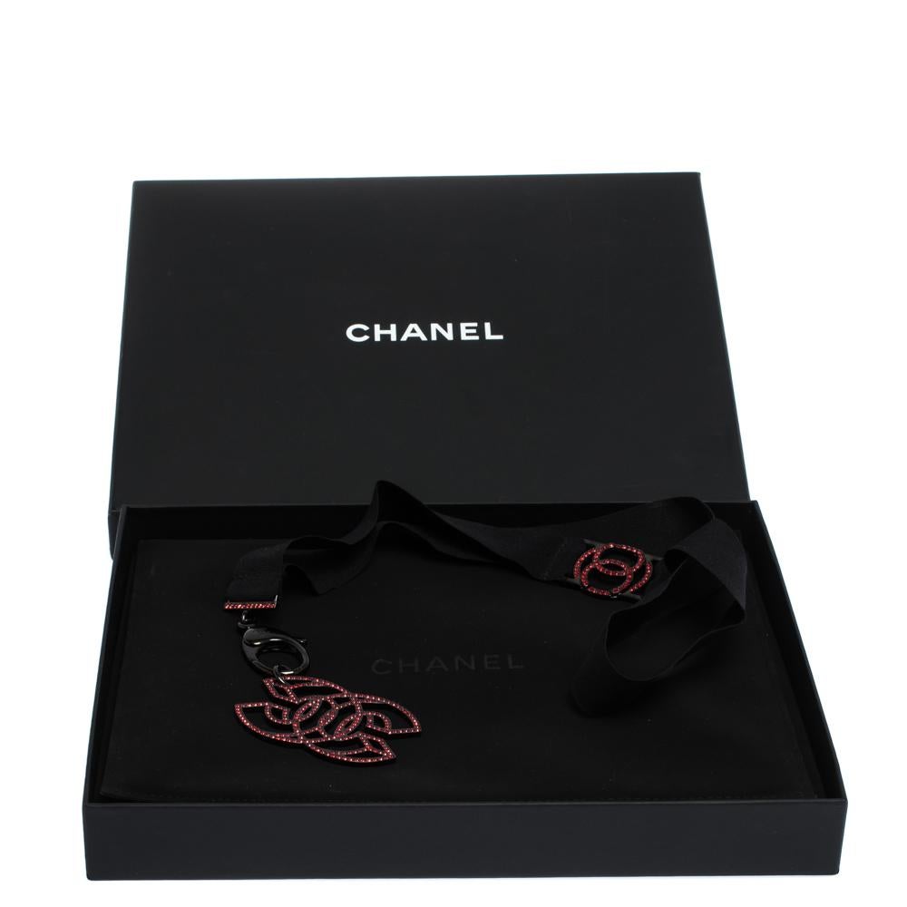 Chanel CC Crystal Embellished Black Ribbon Pendant Necklace 1
