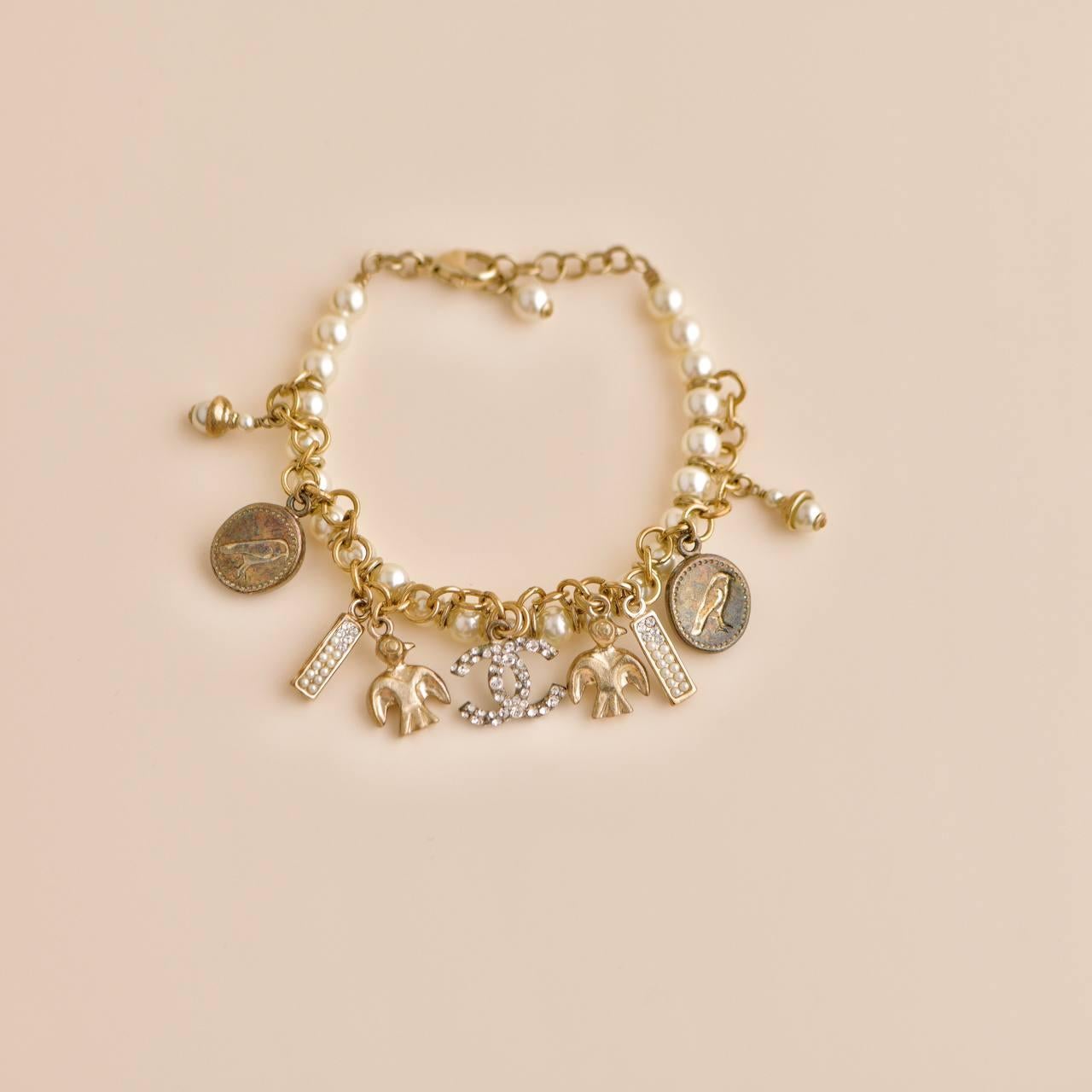 Chanel CC Crystal Faux Pearl Charm Bracelet In Excellent Condition For Sale In Banbury, GB