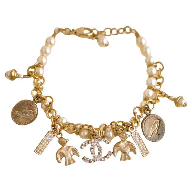 Chanel CC Crystal Faux Pearl Charm Bracelet