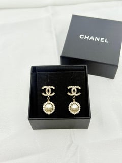 CHANEL CC Crystal Faux Pearl Dangle Earrings