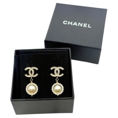 CHANEL CC Crystal Faux Pearl Dangle Earrings