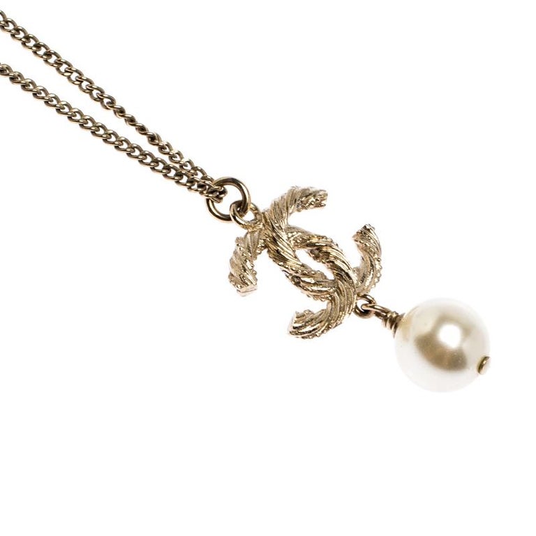 Chanel CC Crystal Faux Pearl Gold Tone Pendant Necklace For Sale at 1stDibs