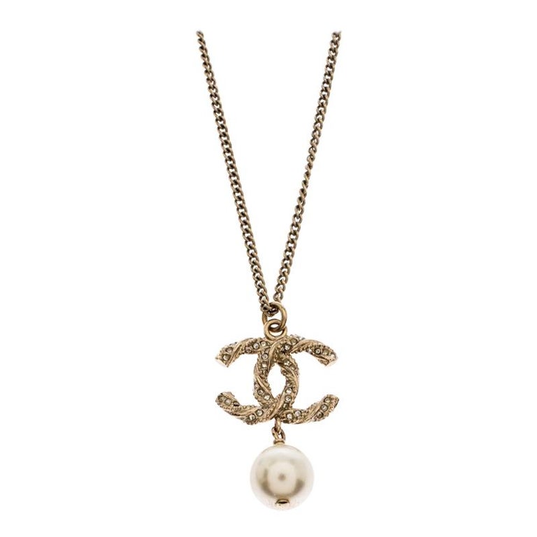 Chanel CC Crystal Faux Pearl Gold Tone Pendant Necklace For Sale at 1stDibs