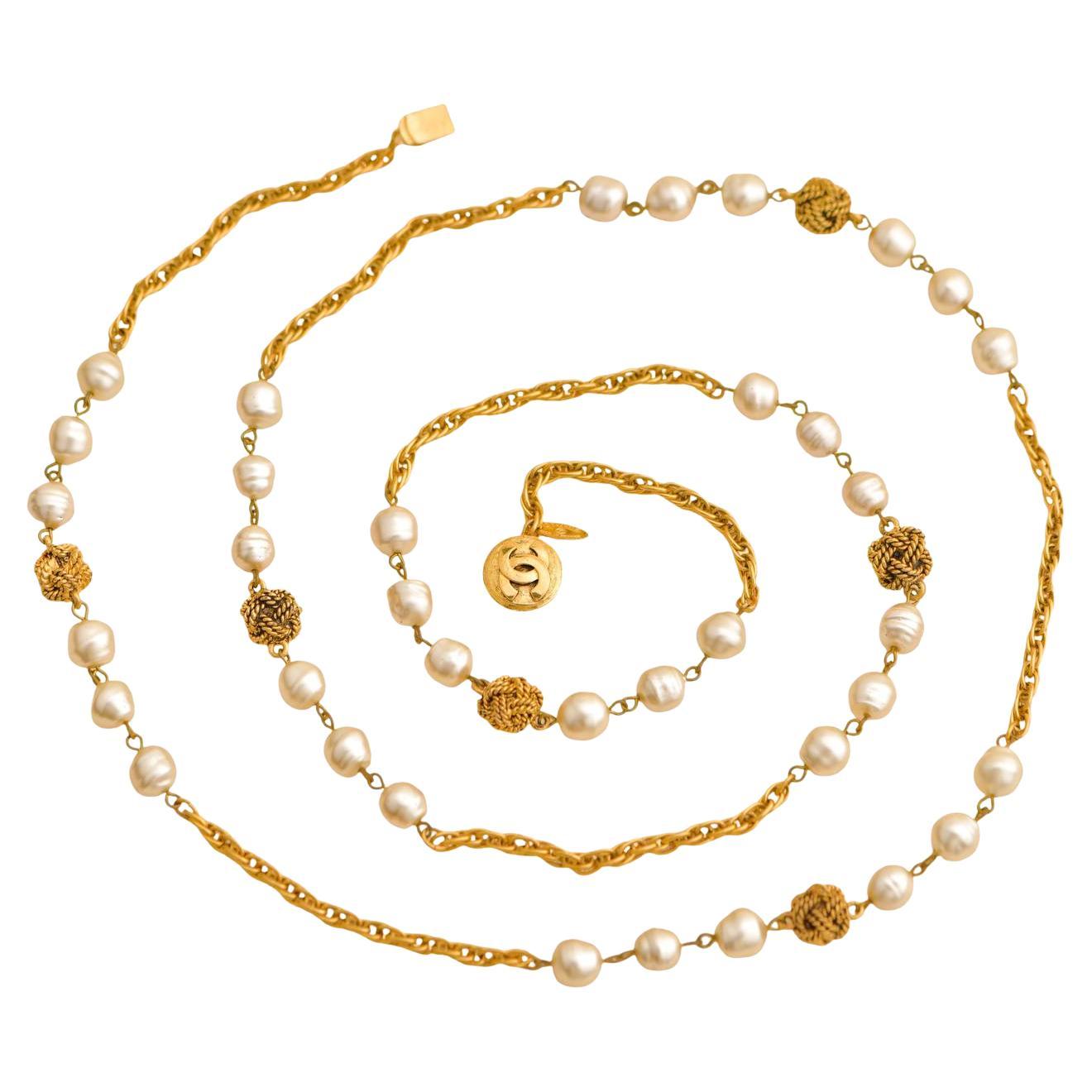 Chanel CC Crystal Faux Pearl Gold Tone Rope Bead Long Necklace