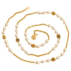Chanel CC Crystal Faux Pearl Gold Tone Rope Bead Long Necklace