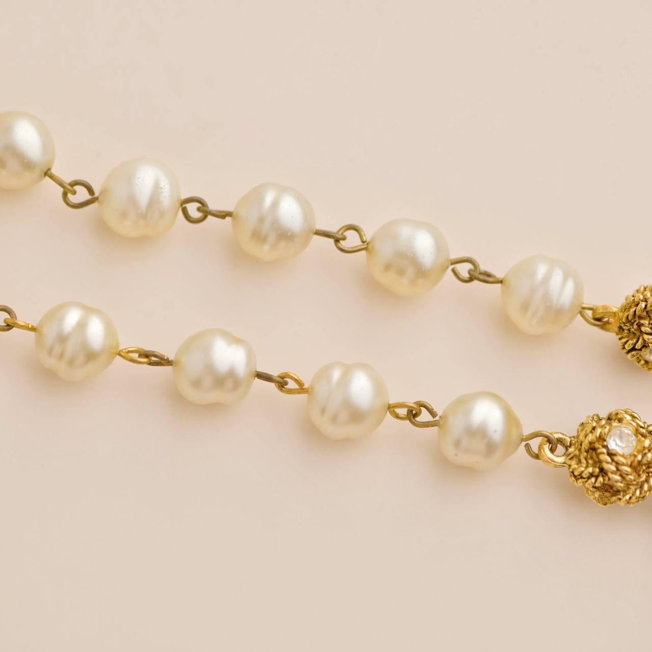 Chanel CC Crystal Faux Pearl Golden Line Long Necklace For Sale 4