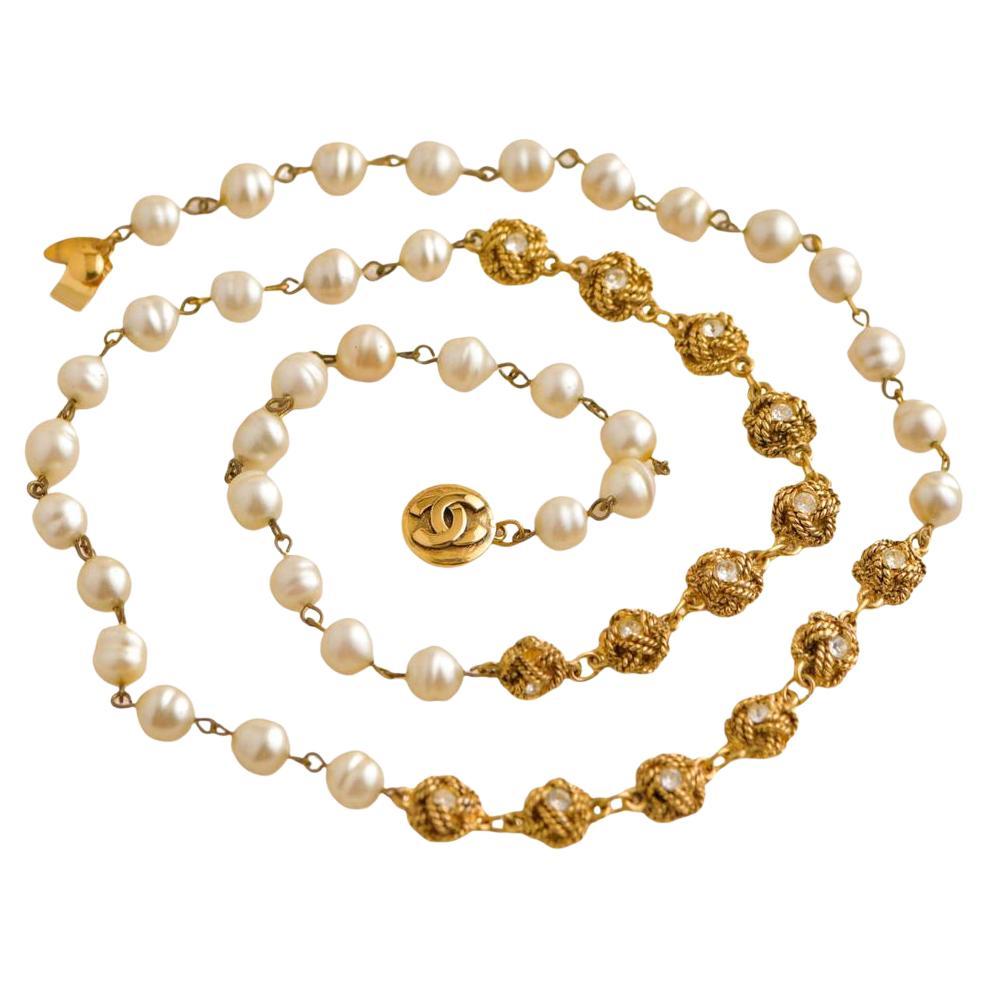 Chanel CC Crystal Faux Pearl Golden Line Long Necklace For Sale