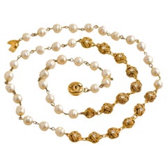 Used Chanel CC Crystal Faux Pearl Golden Line Long Necklace