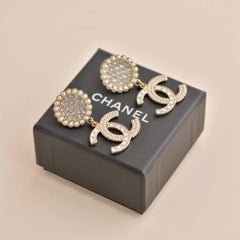 Chanel CC Crystal Faux Pearl Pendant Drop Earrings