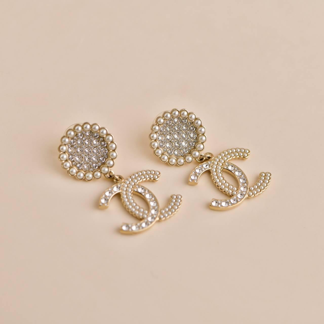 Chanel CC Crystal Faux Pearl Pendant Drop Earrings 3