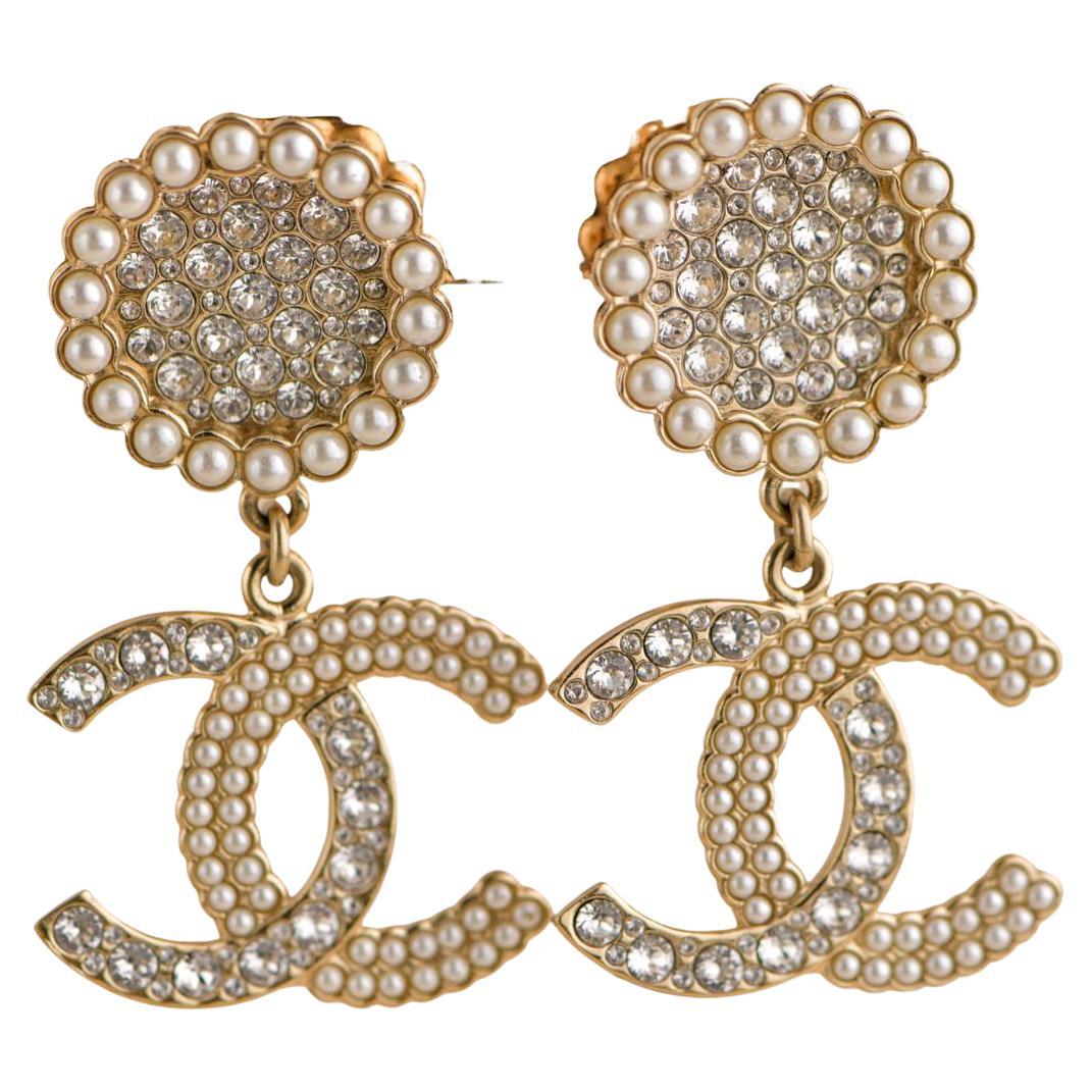 Chanel CC Crystal Faux Pearl Pendant Drop Earrings For Sale