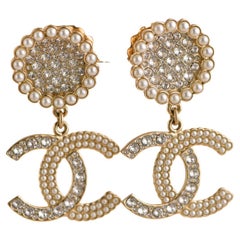 Vintage Chanel CC Crystal Faux Pearl Pendant Drop Earrings