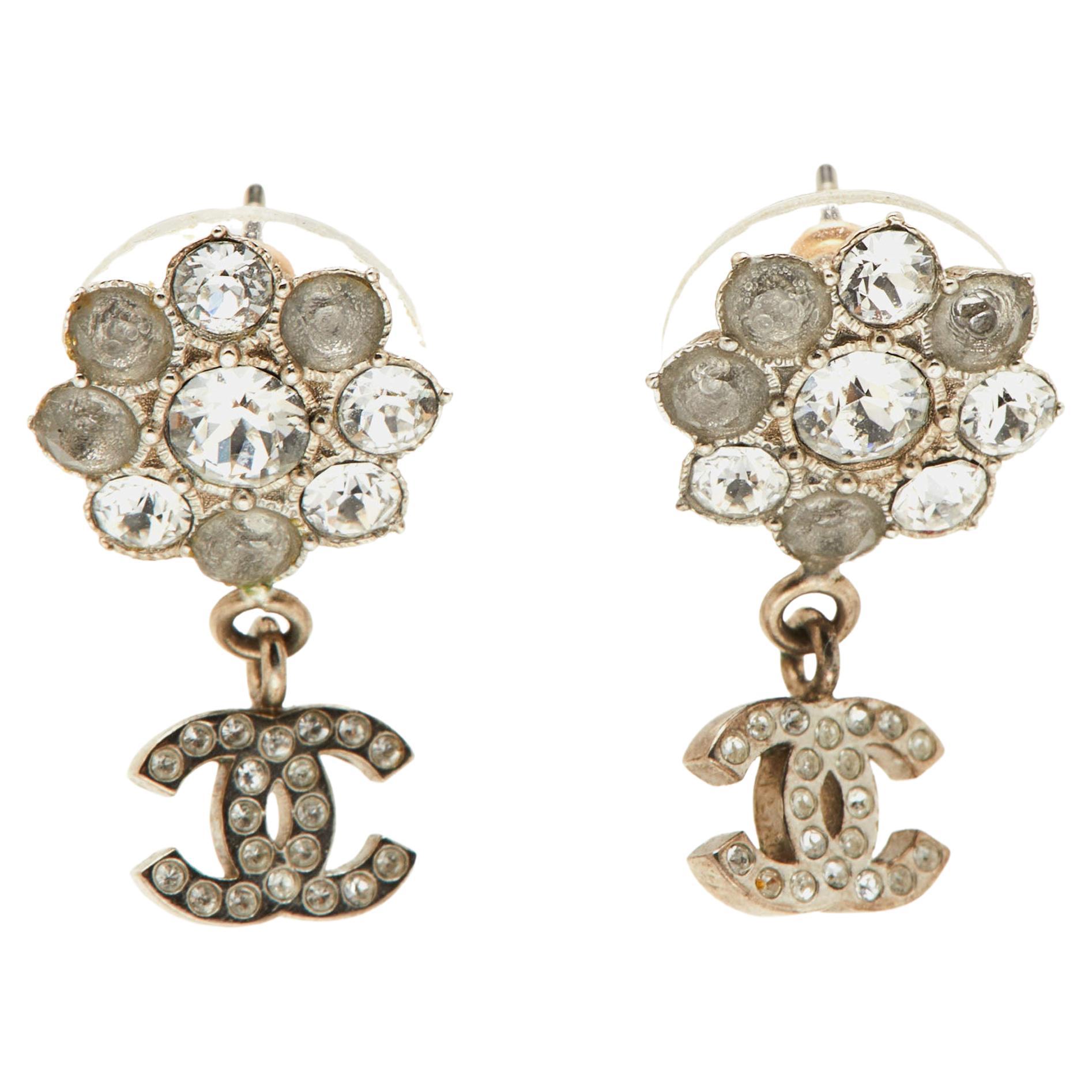 Chanel CC Crystal Gold Tone Camellia Drop Earrings For Sale